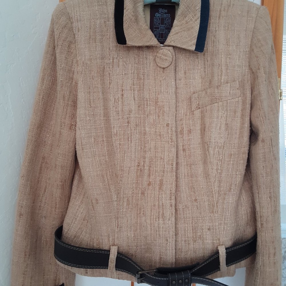 GOLD RAW SILK JACKET John Galliano Designer Tweed Black Velvet Cuffs BLAZER